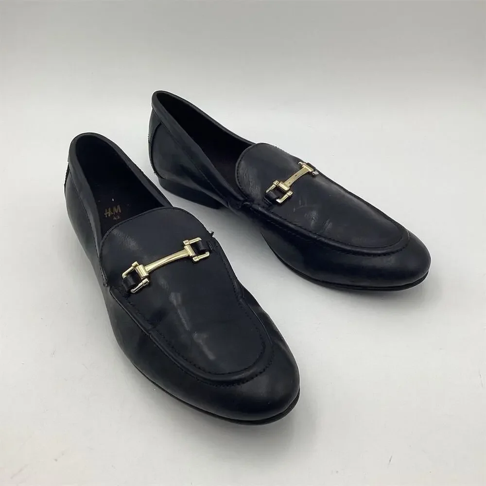H&M Unisex Black Leather Loafers Gold Accent‎ Size 42